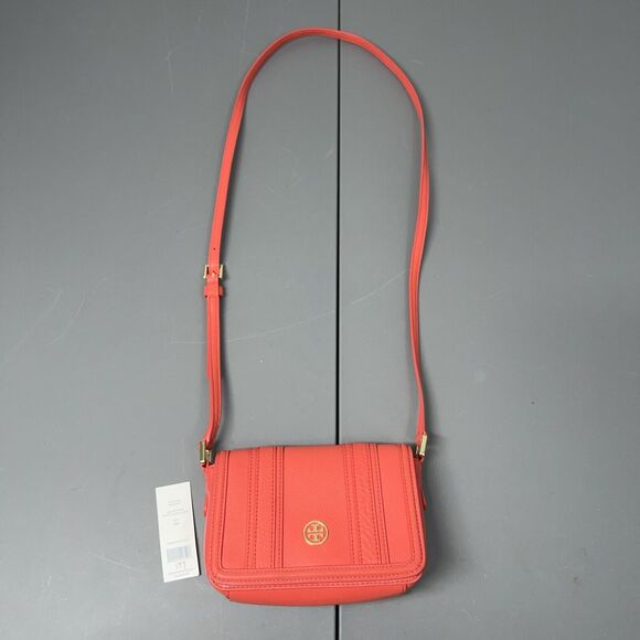 TORY BURCH Landon Crossbody Bag Small Brick Red Leather Flap Adjustable Strap - Picture 1 of 16